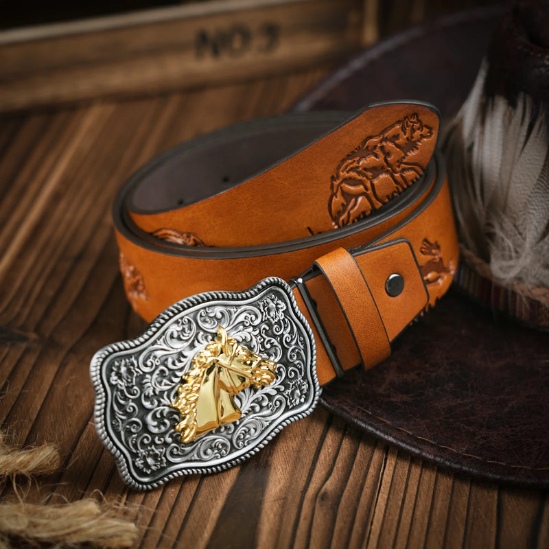 Cinto de Couro Com Cavalo Dourado
